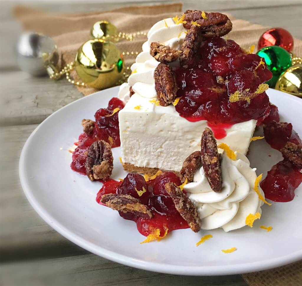 No Bake Vanilla Bean Cheesecake with Orange-Cranberry Compote and Sugared Pecans // Photo: @sherriesavorsthecity