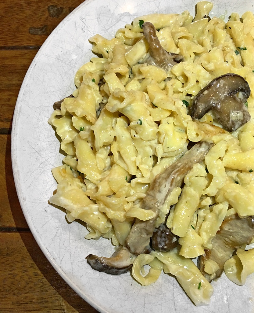 Campanelle Pasta with wild mushrooms, creme fraiche, and parsley // Photo: @sherriesavorsthecity