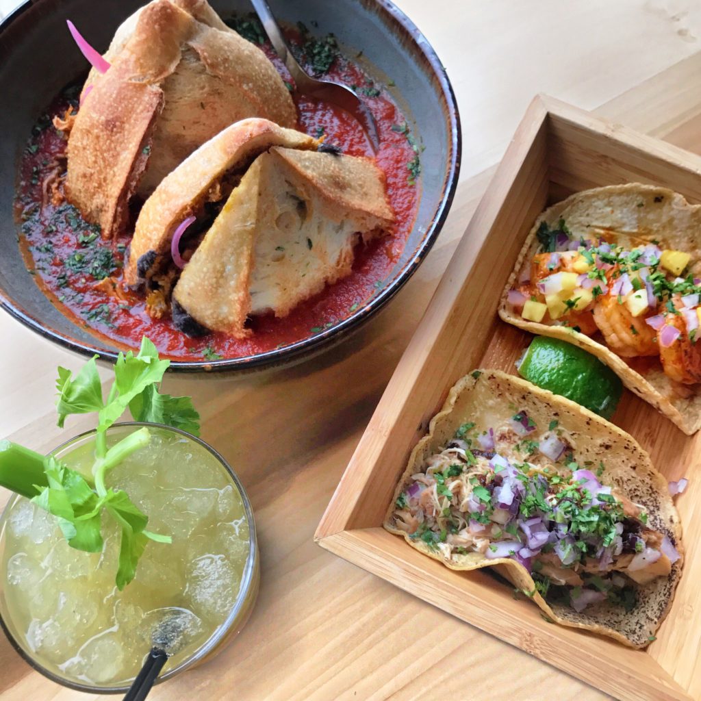 Fab Review: Lunch at Quiote // Torta Ahogada, Taco de Camarones, Taco de Pollo, and Celery Shrub Cocktail // Photo: @topchicagoeats