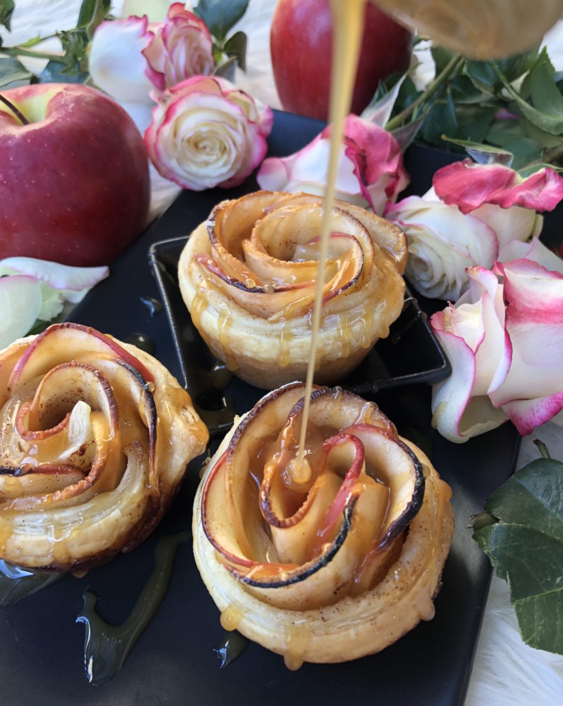 Flower shaped caramel apple pies with Rose flavored Chantilly