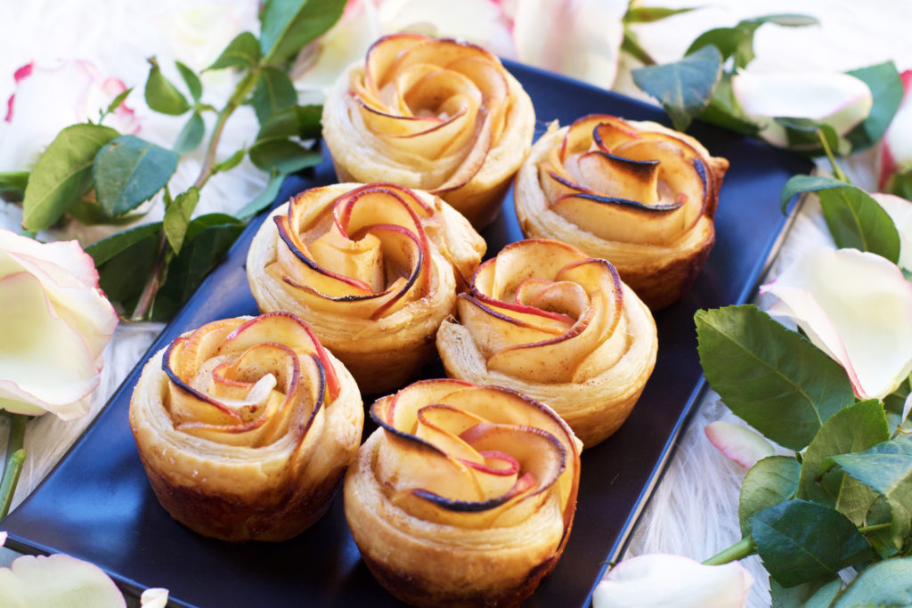 Flower shaped caramel apple pies with Rose flavored Chantilly